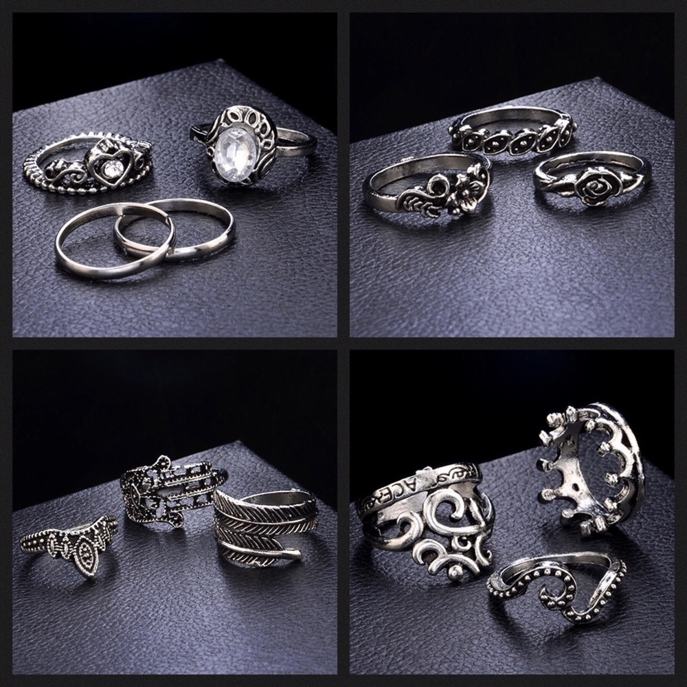 16 Pcs Boho Black & Silver Crystal Gem Ring Set - Picture 5 of 14